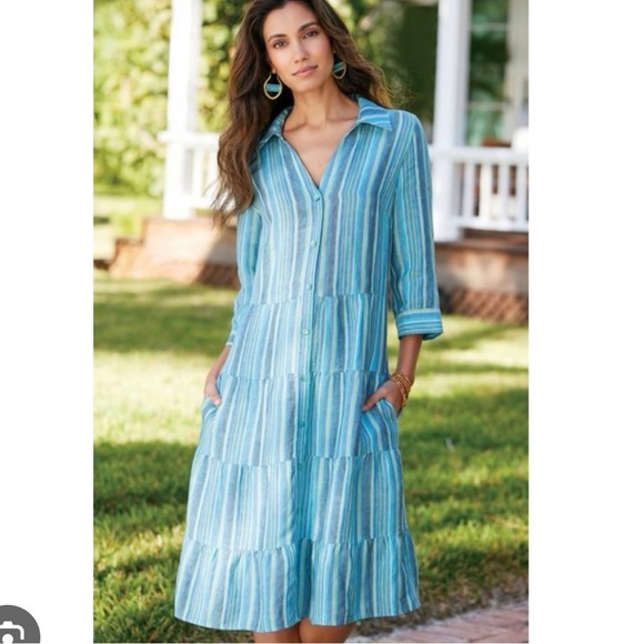 Soft Surroundings Dresses & Skirts - Soft Surroundings Santa Cruz nautical 100% Linen Tiered midi‎ dress- small